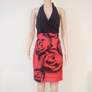 Alexia Admor Red Black Rose Halter Vneck Sheath Dress Size M (Fits Like a Large)